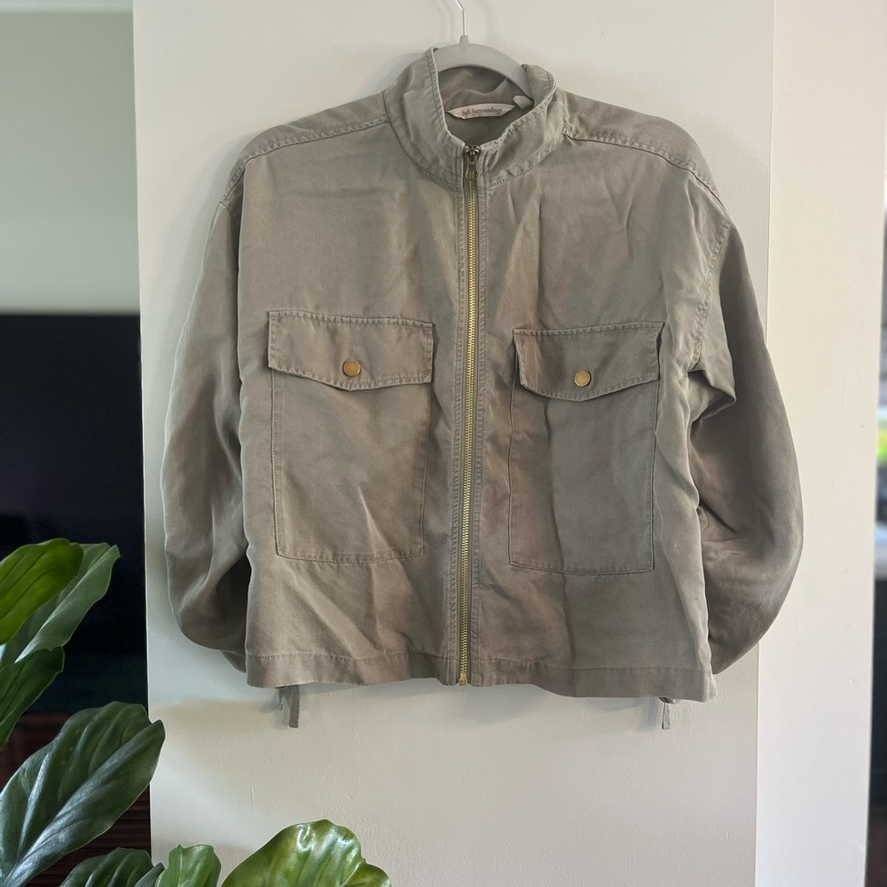 Soft Surroundings XS Army Green Tencel Lightweight Moto Jacket with Ruched Back